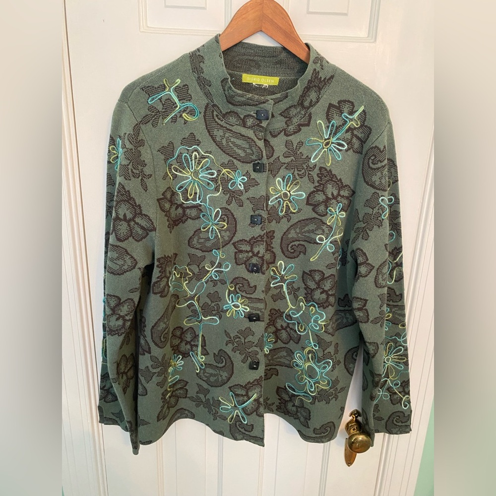 Sigrid Olsen Embroidered 100% Cotton Cardigan Artsy Cottagecore Boho Sweater L